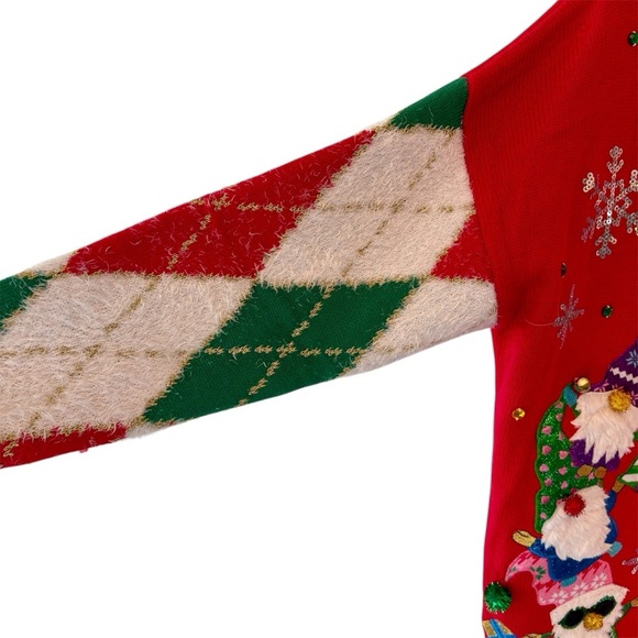 Holiday Time Christmas Gnome Argyle Festive Cardigan Sweater Womens size Large - Picture 6 of 16